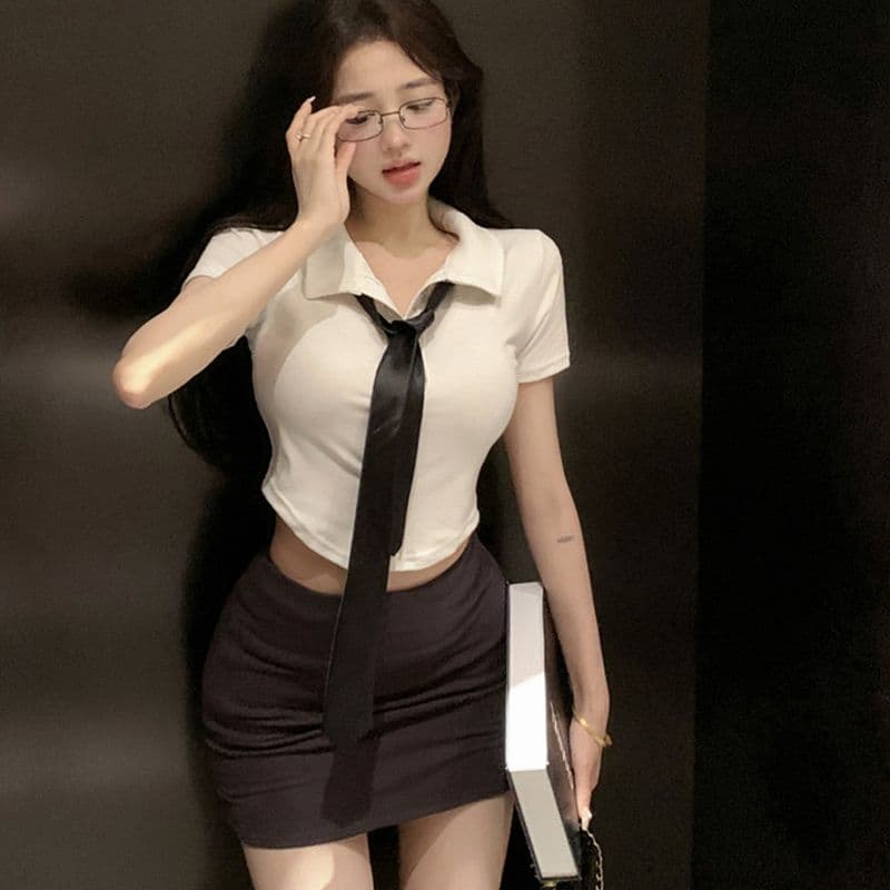 넥타이 핫걸 몸매 가꾸기 반팔 티셔츠 여성 POLO 칼라 재킷 쇼트 스타일 순수한 욕망 타이트 스커트 치마 세트 이미지 3