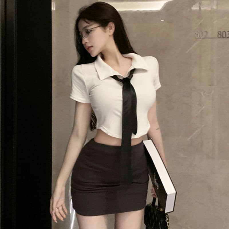 넥타이 핫걸 몸매 가꾸기 반팔 티셔츠 여성 POLO 칼라 재킷 쇼트 스타일 순수한 욕망 타이트 스커트 치마 세트 상세 이미지 2