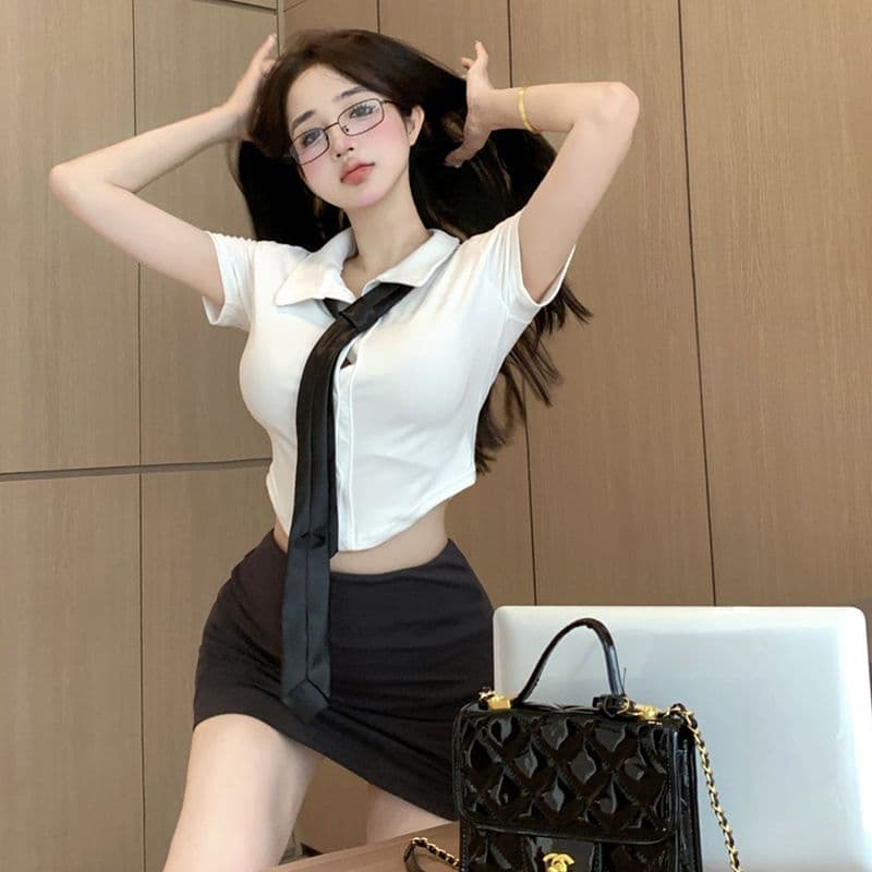 넥타이 핫걸 몸매 가꾸기 반팔 티셔츠 여성 POLO 칼라 재킷 쇼트 스타일 순수한 욕망 타이트 스커트 치마 세트 상세 이미지 6