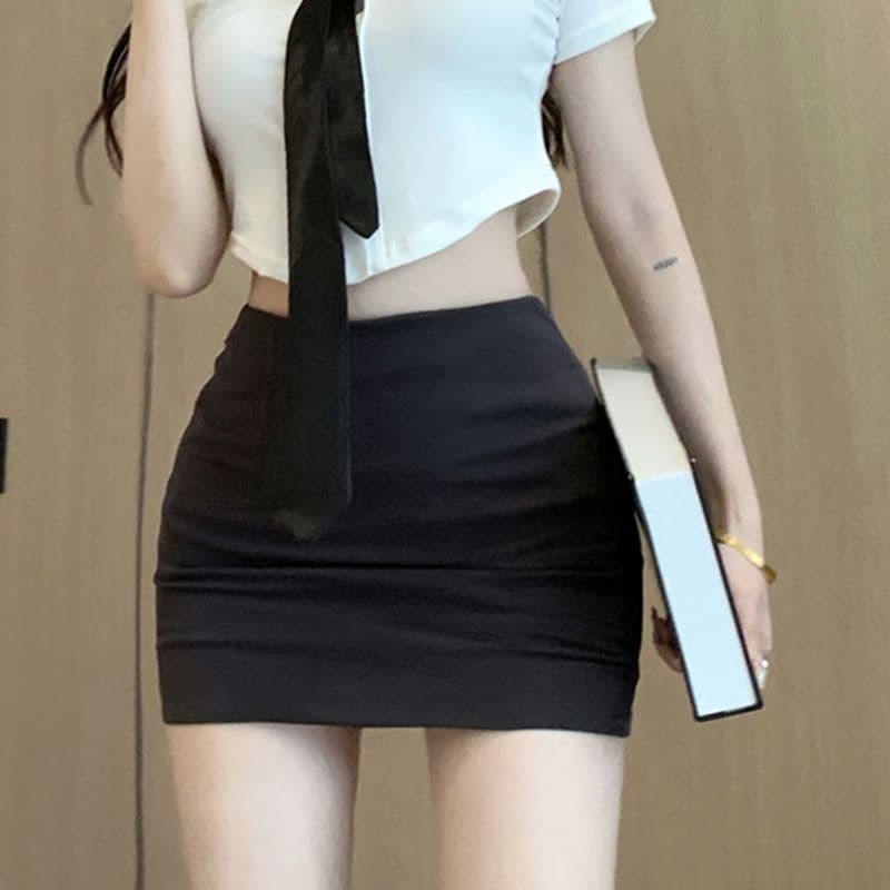 넥타이 핫걸 몸매 가꾸기 반팔 티셔츠 여성 POLO 칼라 재킷 쇼트 스타일 순수한 욕망 타이트 스커트 치마 세트 상세 이미지 7