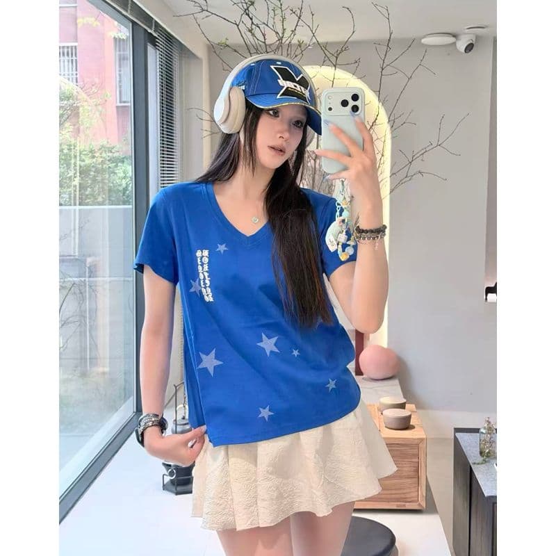 원본 것 아메리칸 레트로 형제 특별 바람 알파벳 프린트 V넥 반팔 티셔츠 여성 여름 루즈핏 맨위