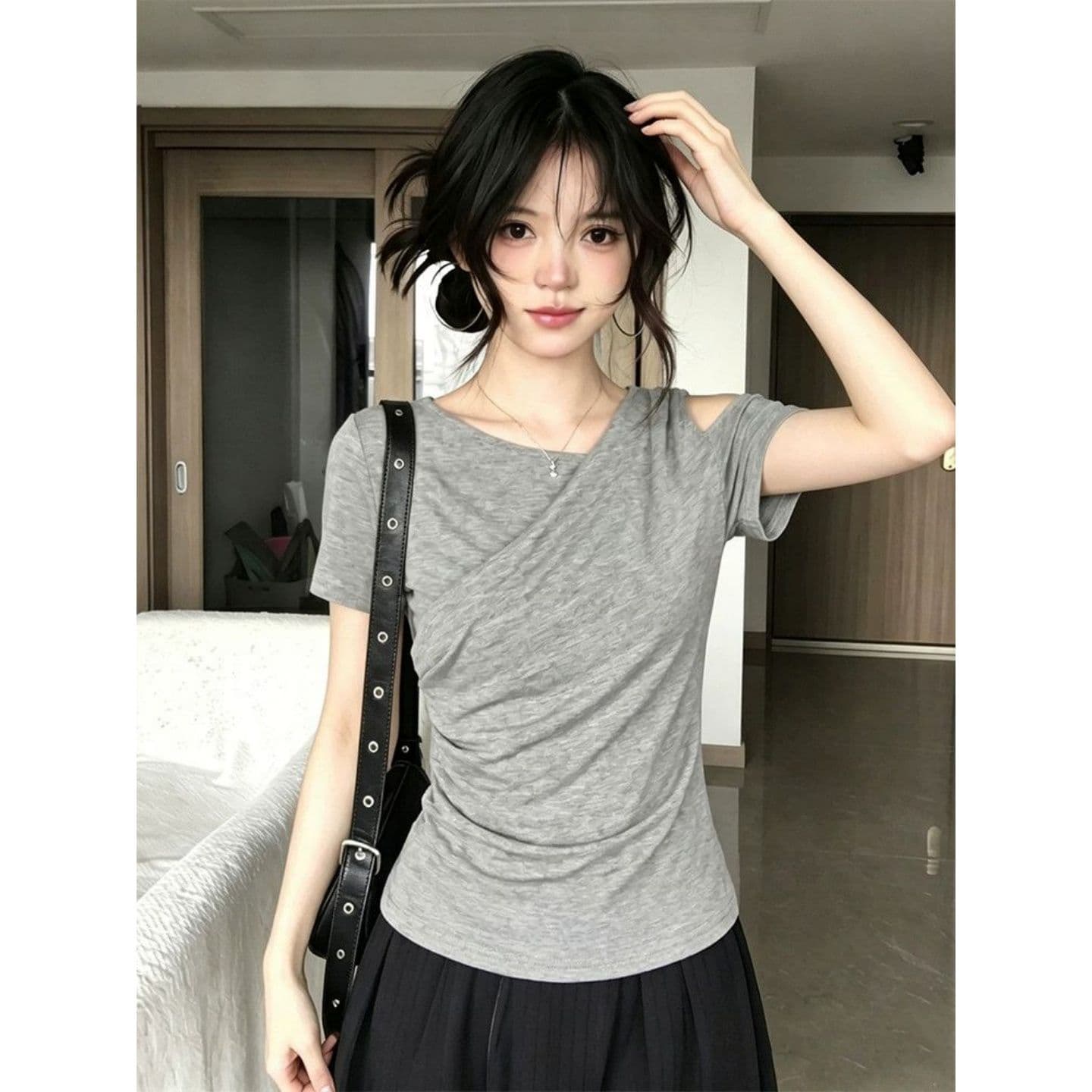 핫걸 바람 회색 주름 허리 수축 오프숄더 반팔 티셔츠 상세 이미지 5