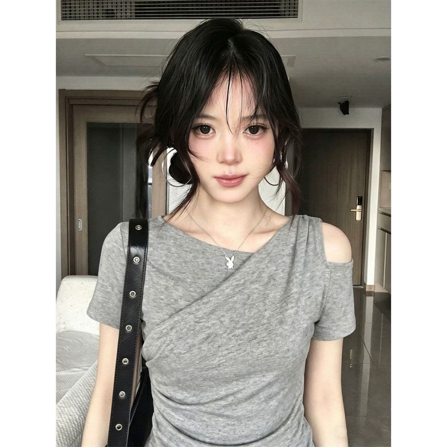 핫걸 바람 회색 주름 허리 수축 오프숄더 반팔 티셔츠 상세 이미지 6