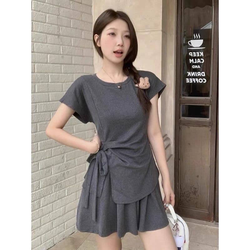 빅 사이즈 마이크로 지방 mm 여름 미니멀리즘 캐주얼 디자인 센스 스트랩 반팔 패션 품격 루즈핏 반바지 튀김 거리 세트 여성
