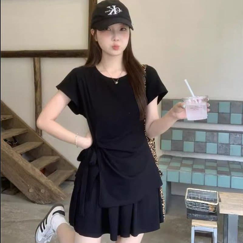 빅 사이즈 마이크로 지방 mm 여름 미니멀리즘 캐주얼 디자인 센스 스트랩 반팔 패션 품격 루즈핏 반바지 튀김 거리 세트 여성 이미지 2