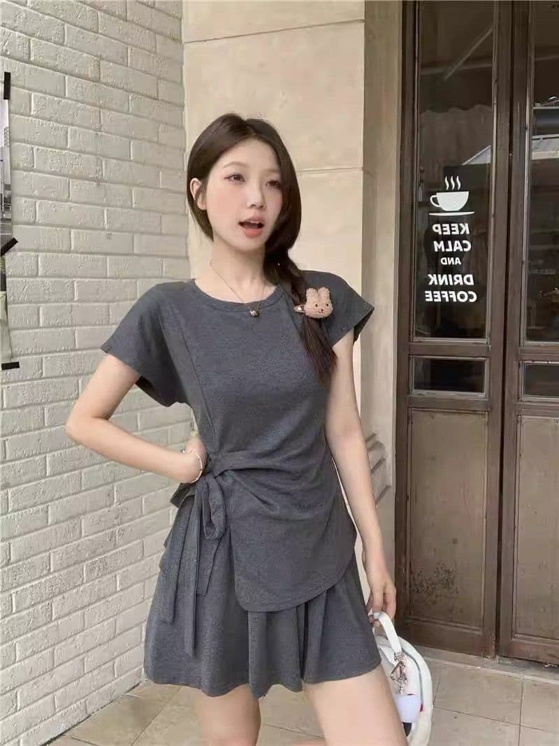 빅 사이즈 마이크로 지방 mm 여름 미니멀리즘 캐주얼 디자인 센스 스트랩 반팔 패션 품격 루즈핏 반바지 튀김 거리 세트 여성 상세 이미지 2