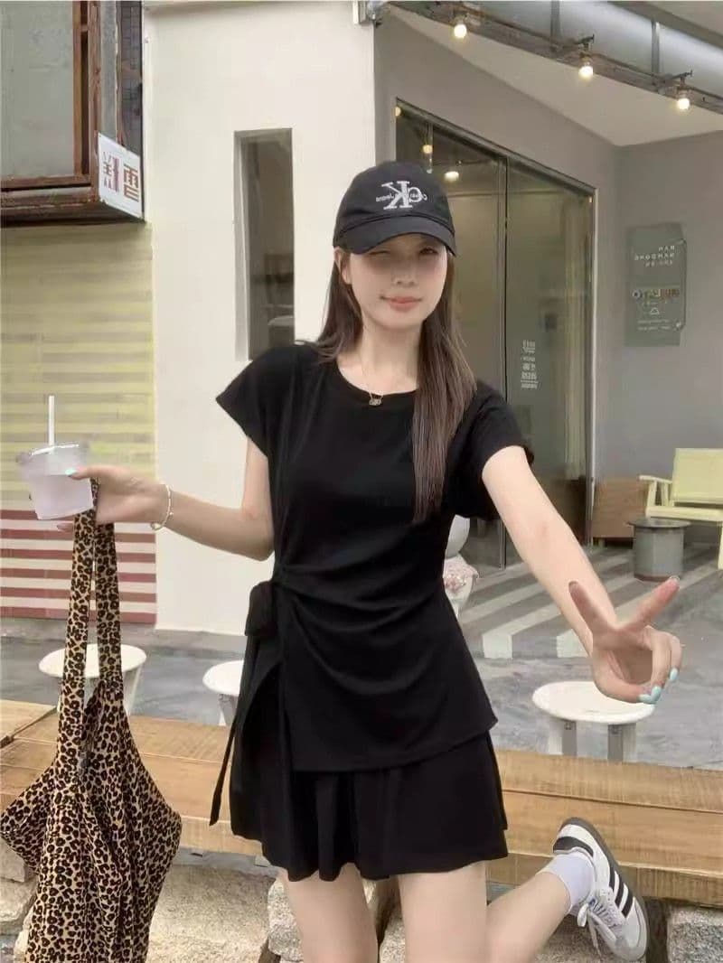 빅 사이즈 마이크로 지방 mm 여름 미니멀리즘 캐주얼 디자인 센스 스트랩 반팔 패션 품격 루즈핏 반바지 튀김 거리 세트 여성 상세 이미지 11