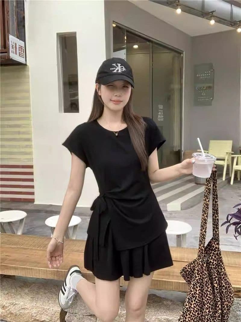 빅 사이즈 마이크로 지방 mm 여름 미니멀리즘 캐주얼 디자인 센스 스트랩 반팔 패션 품격 루즈핏 반바지 튀김 거리 세트 여성 상세 이미지 12