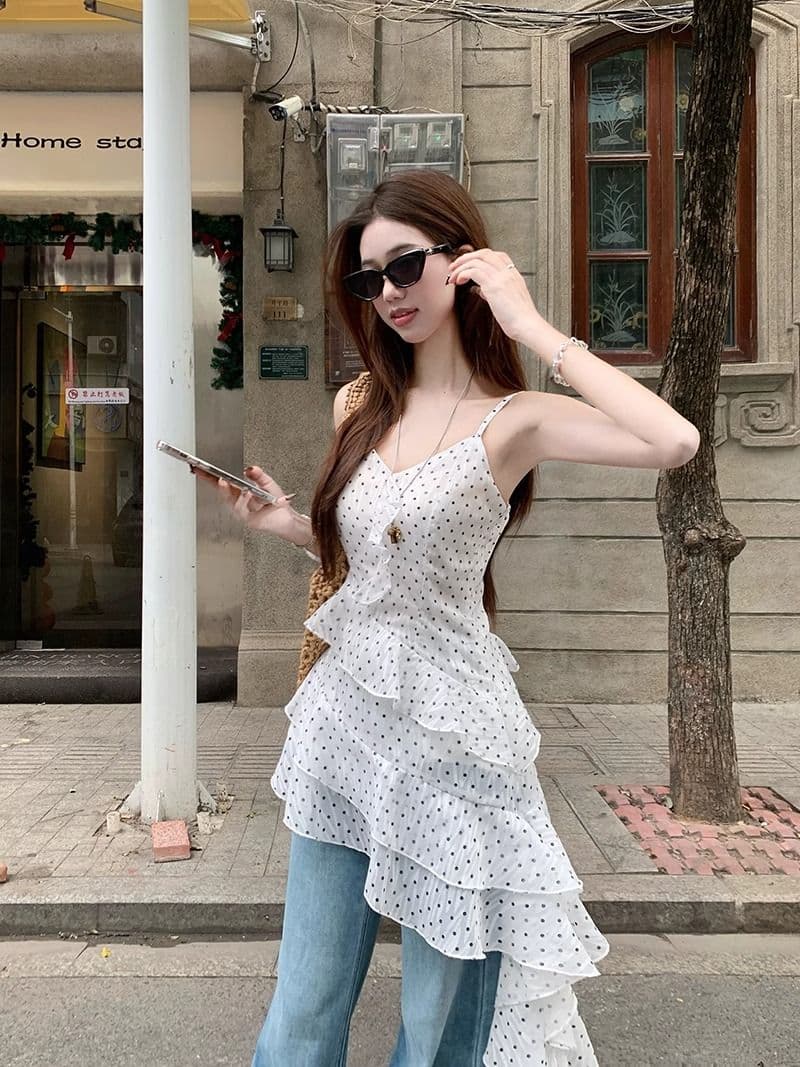 쉬폰 네리 마이크로 지방 mm 휴가 바람 슬립 여성 드레스 프릴 화이트 도트 무늬 치마 상세 이미지 18