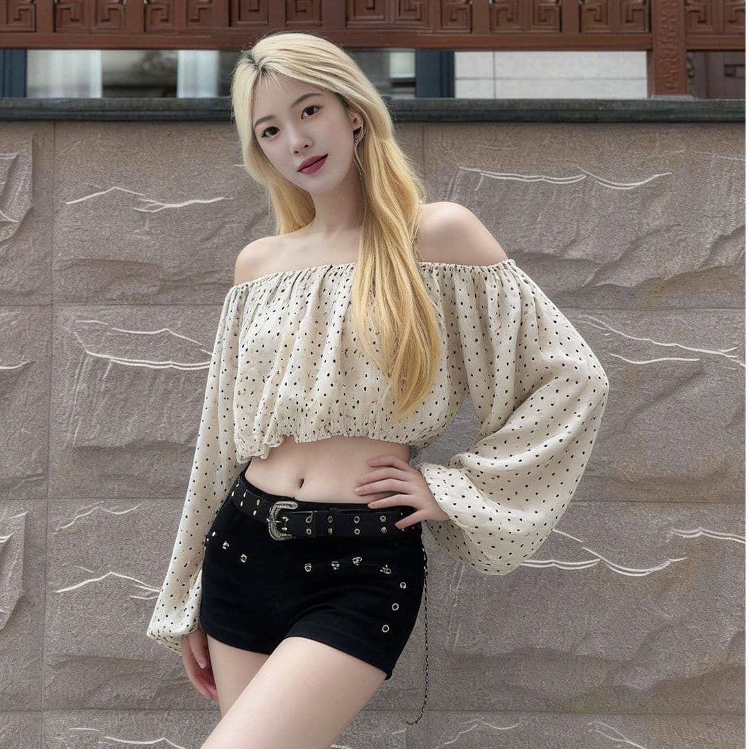 프랑스식 도트 무늬 오프숄더 거품 소매 쇼트 스타일 맨위 여성 오프숄더 허리 수축 핫걸 이슬 뼈의 셔츠 하이웨이스트 슬림해 보이는 이미지 2