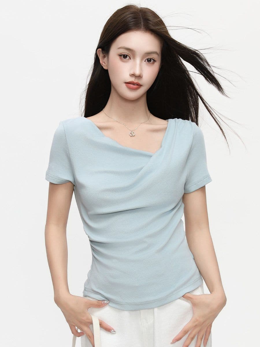 라이 경기 서울 주간 실크 불규칙 반소매 Chic 고유 한 디자인 센스 흔들다 칼라 셔츠 여성 여름 반팔