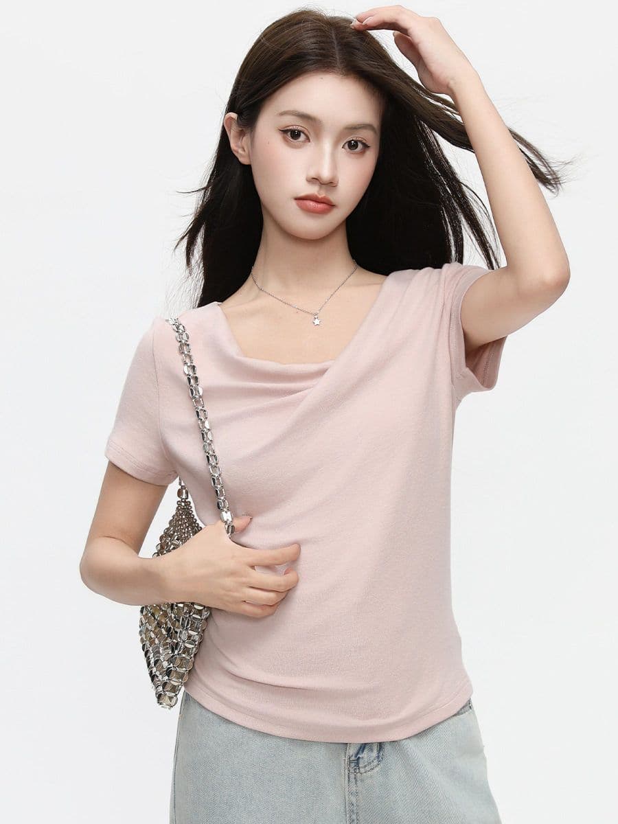 라이 경기 서울 주간 실크 불규칙 반소매 Chic 고유 한 디자인 센스 흔들다 칼라 셔츠 여성 여름 반팔 상세 이미지 2