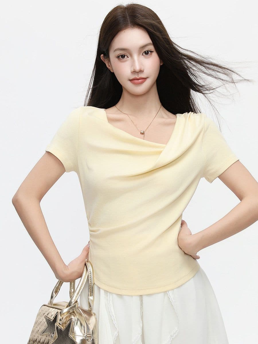 라이 경기 서울 주간 실크 불규칙 반소매 Chic 고유 한 디자인 센스 흔들다 칼라 셔츠 여성 여름 반팔 상세 이미지 3