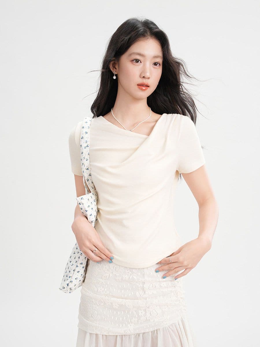 라이 경기 서울 주간 실크 불규칙 반소매 Chic 고유 한 디자인 센스 흔들다 칼라 셔츠 여성 여름 반팔 상세 이미지 4