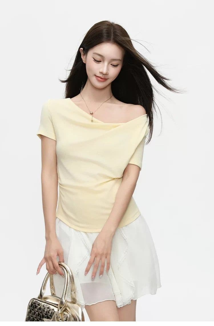 라이 경기 서울 주간 실크 불규칙 반소매 Chic 고유 한 디자인 센스 흔들다 칼라 셔츠 여성 여름 반팔 상세 이미지 10