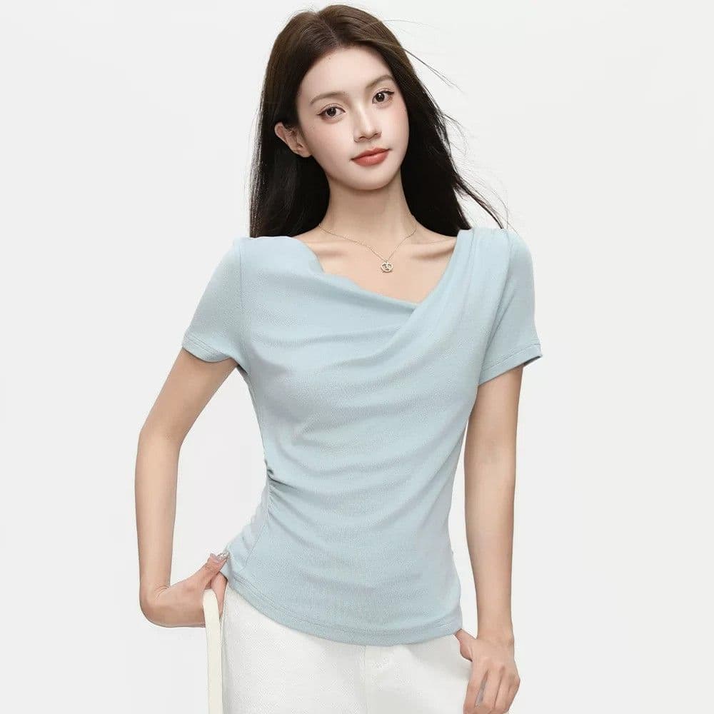 라이 경기 서울 주간 실크 불규칙 반소매 Chic 고유 한 디자인 센스 흔들다 칼라 셔츠 여성 여름 반팔 상세 이미지 11