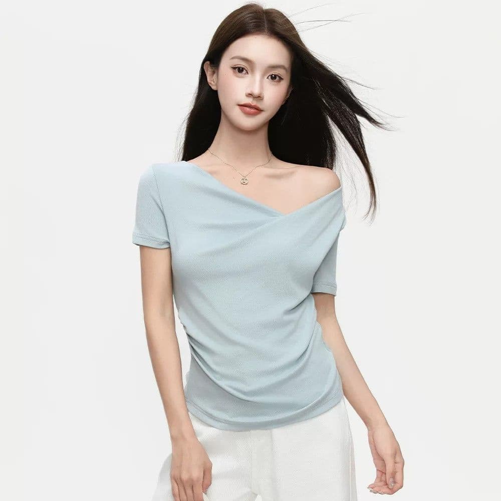 라이 경기 서울 주간 실크 불규칙 반소매 Chic 고유 한 디자인 센스 흔들다 칼라 셔츠 여성 여름 반팔 상세 이미지 12
