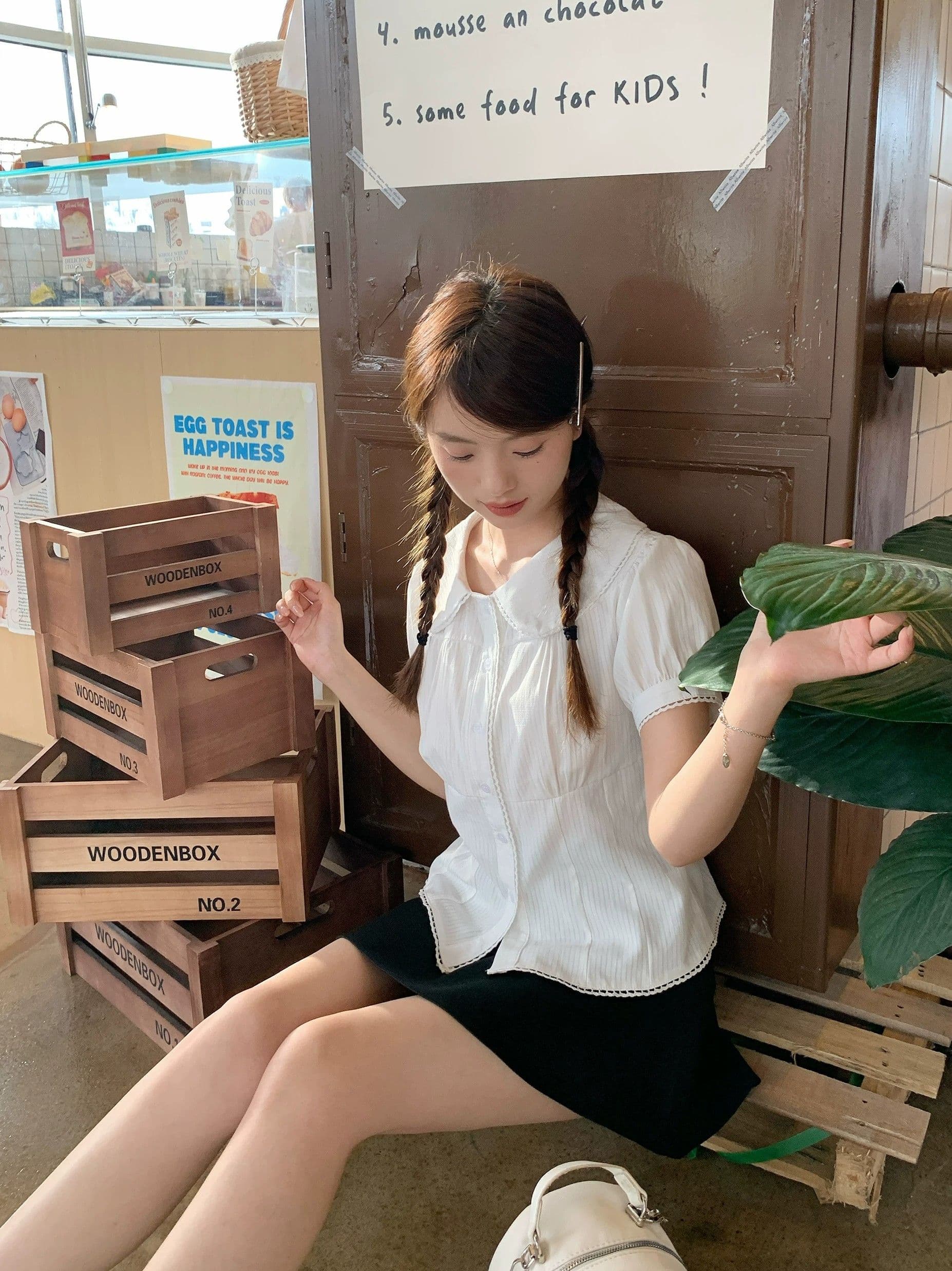 여름 새로운 한 부서 품격 학원 스타일 베이비 칼라 화이트 거품 소매 셔츠 플리츠 스커트 여성 연령 감소 상세 이미지 5