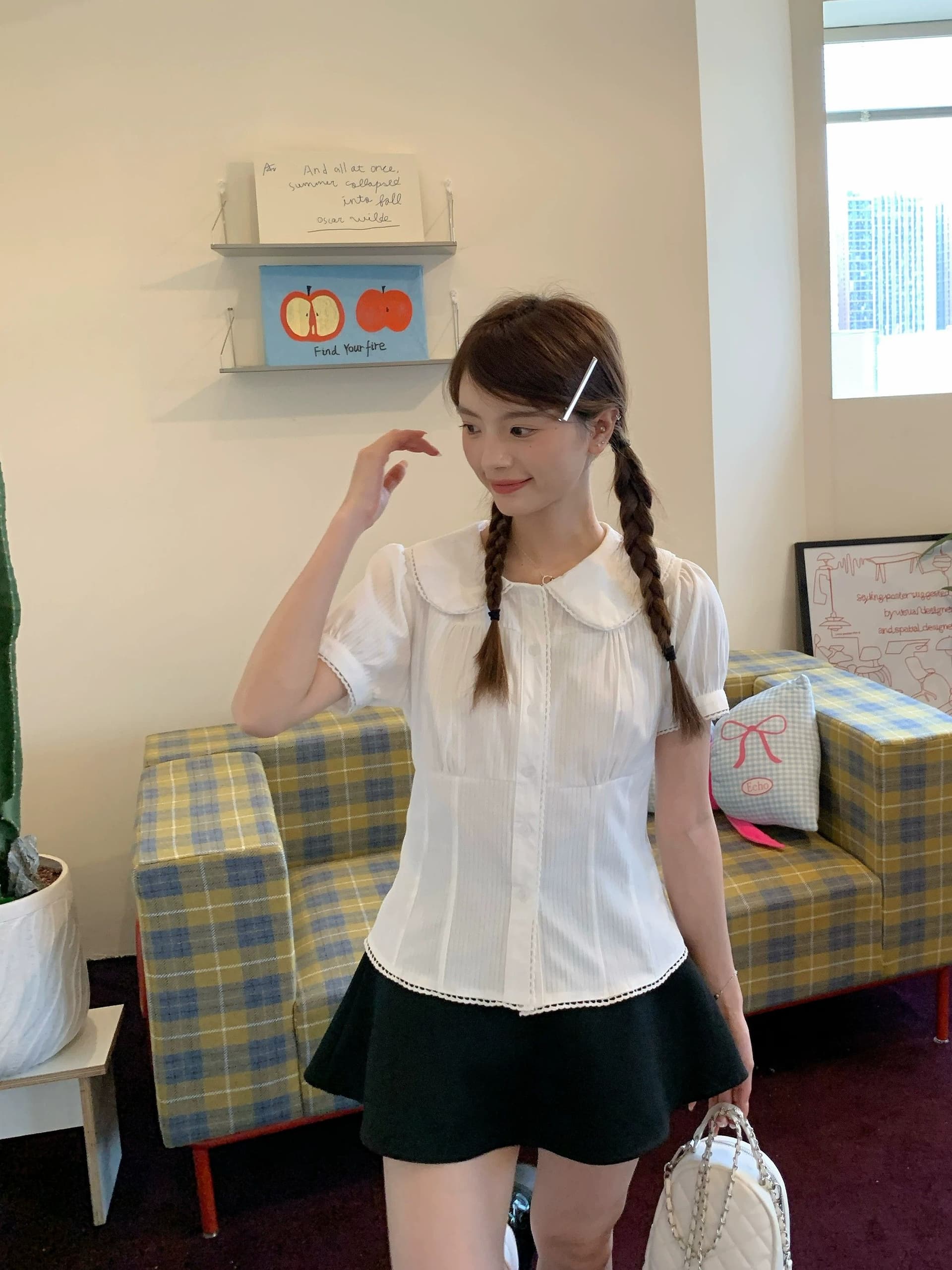 여름 새로운 한 부서 품격 학원 스타일 베이비 칼라 화이트 거품 소매 셔츠 플리츠 스커트 여성 연령 감소 상세 이미지 10