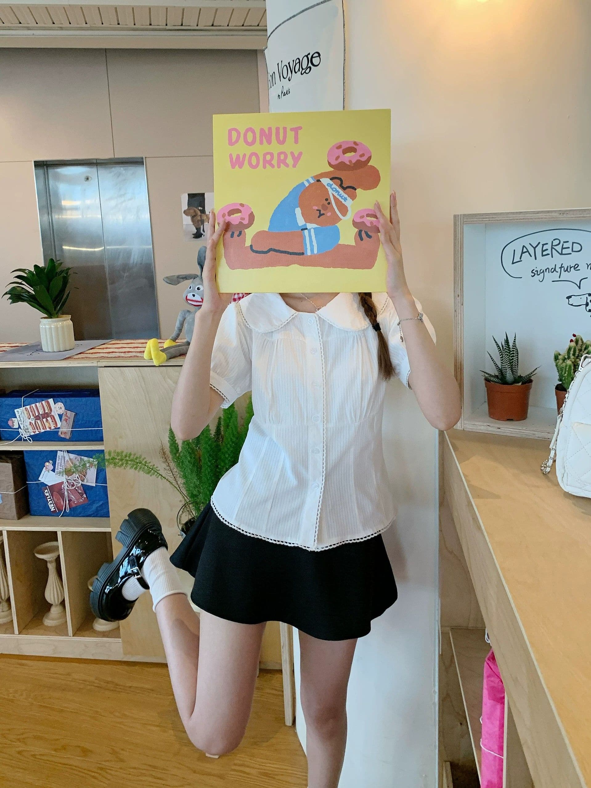 여름 새로운 한 부서 품격 학원 스타일 베이비 칼라 화이트 거품 소매 셔츠 플리츠 스커트 여성 연령 감소 상세 이미지 14
