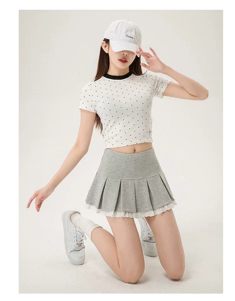 디자인 센스 레이스 레이스 패치워크 반신 스커트 여성 여름 회색 플리츠 치마 검정색 미니 스커트 상세 이미지 6
