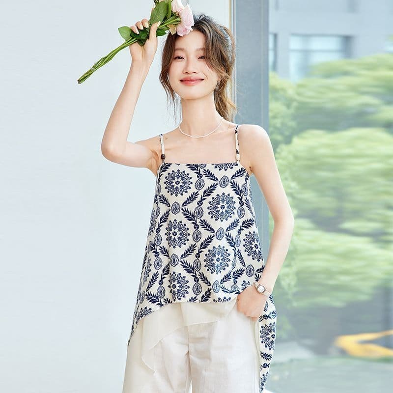 청화 백자 프린트 슬립 여성 여름 불규칙 페이크 레이어드 패치워크 쉬폰 조끼 루즈핏 표지 고기 외출용 맨위 상세 이미지 7