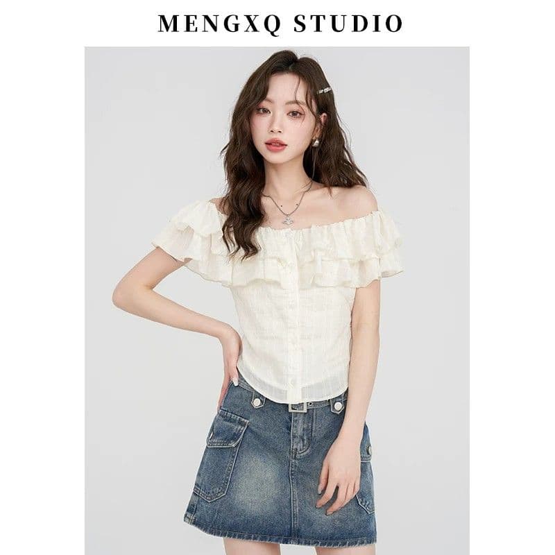몽골 작은 SEVEN 프랑스식 품격 오프숄더 반팔 여성 셔츠 여름 부드러운 프릴 셔츠 오프숄더 쉬폰 톱 이미지 4