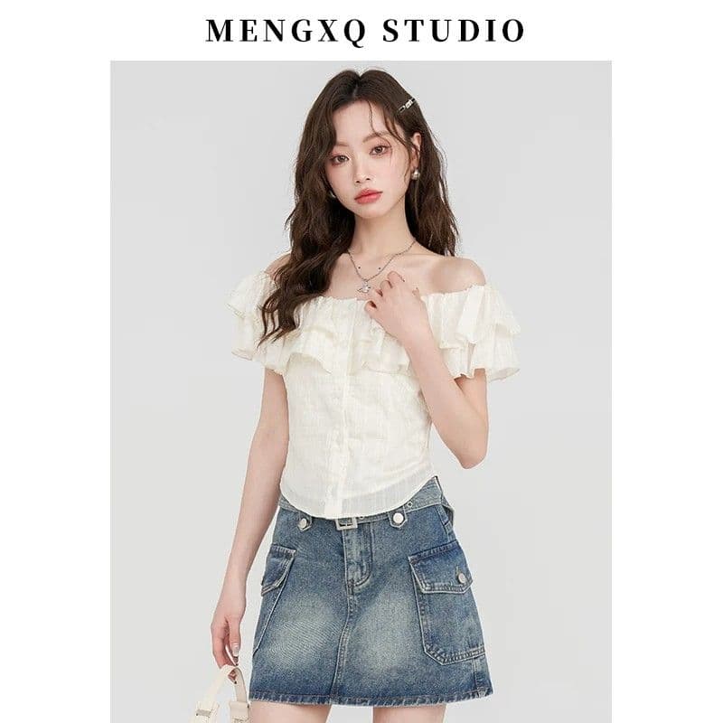 몽골 작은 SEVEN 프랑스식 품격 오프숄더 반팔 여성 셔츠 여름 부드러운 프릴 셔츠 오프숄더 쉬폰 톱 이미지 2