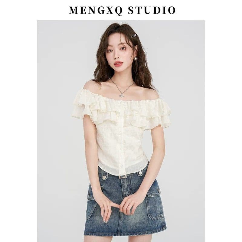 몽골 작은 SEVEN 프랑스식 품격 오프숄더 반팔 여성 셔츠 여름 부드러운 프릴 셔츠 오프숄더 쉬폰 톱 상세 이미지 3