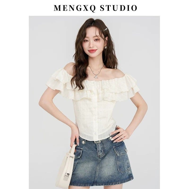 몽골 작은 SEVEN 프랑스식 품격 오프숄더 반팔 여성 셔츠 여름 부드러운 프릴 셔츠 오프숄더 쉬폰 톱 상세 이미지 5