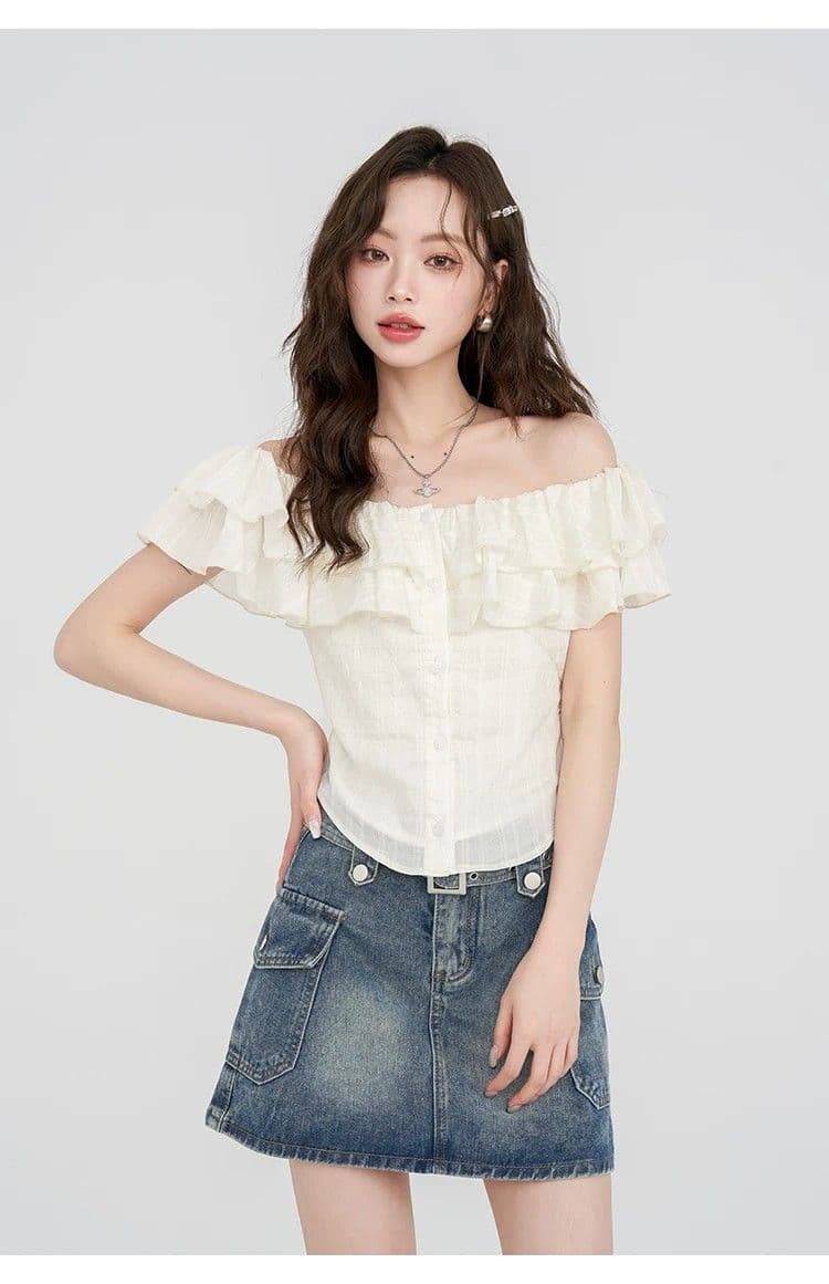 몽골 작은 SEVEN 프랑스식 품격 오프숄더 반팔 여성 셔츠 여름 부드러운 프릴 셔츠 오프숄더 쉬폰 톱 상세 이미지 11