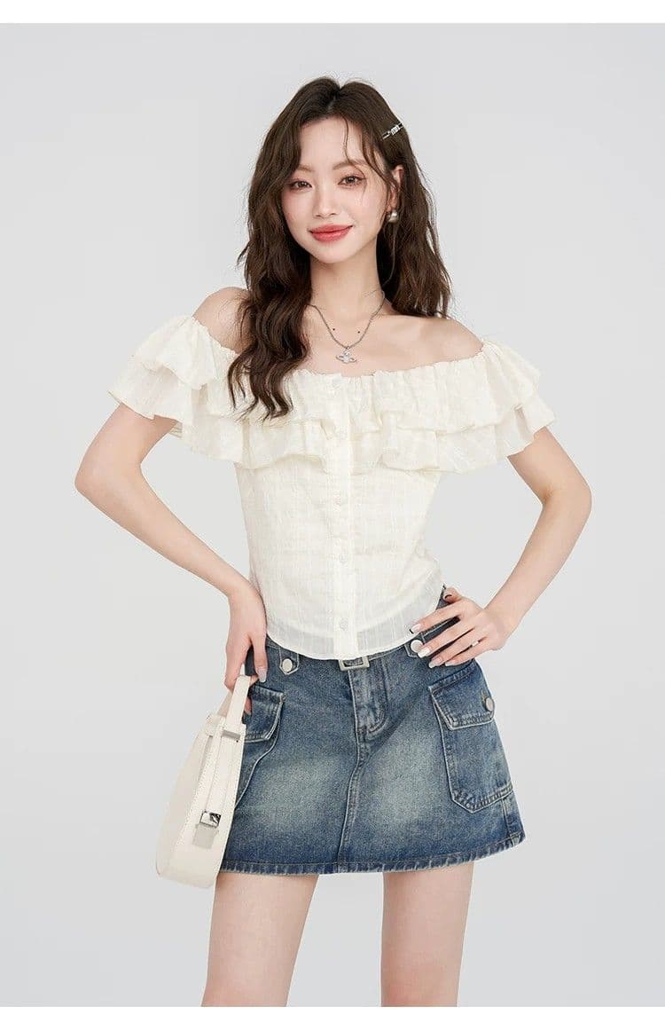 몽골 작은 SEVEN 프랑스식 품격 오프숄더 반팔 여성 셔츠 여름 부드러운 프릴 셔츠 오프숄더 쉬폰 톱 상세 이미지 13