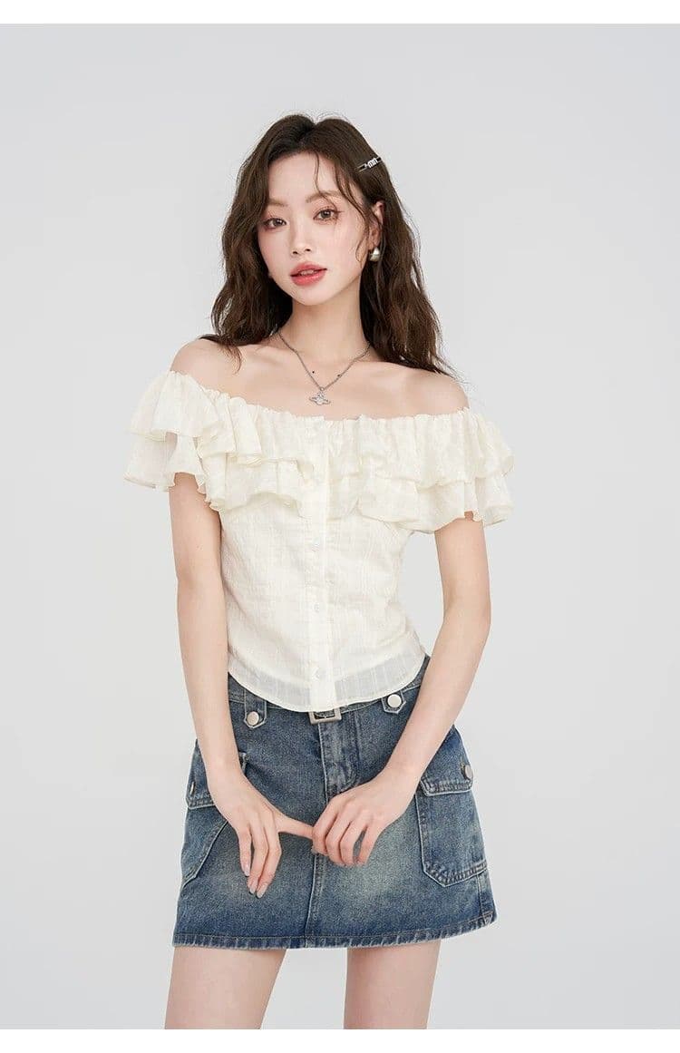 몽골 작은 SEVEN 프랑스식 품격 오프숄더 반팔 여성 셔츠 여름 부드러운 프릴 셔츠 오프숄더 쉬폰 톱 상세 이미지 19