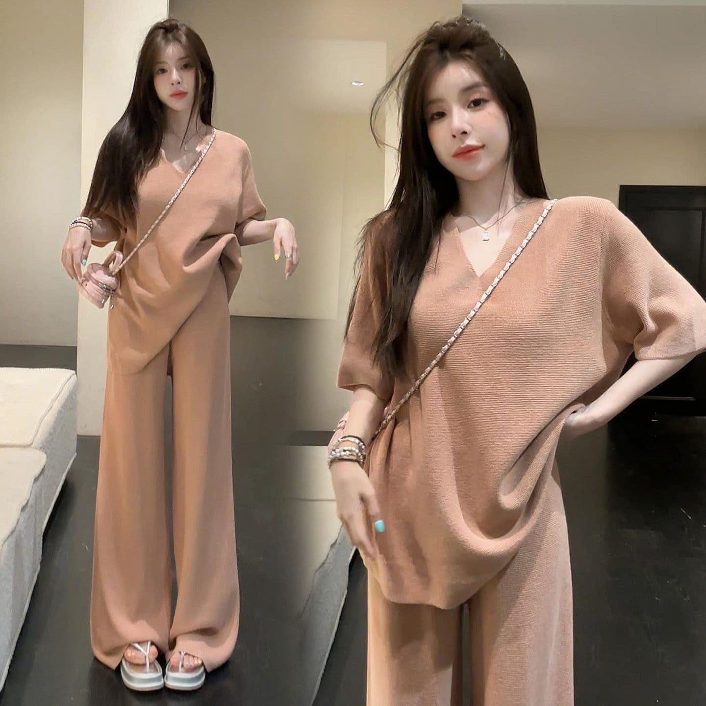 여름 새로운 느긋한 루즈핏 와이드 레그 팬츠 캐주얼 패션 반팔 여성 한 부서 느슨함 센스 투피스 세트 이미지 5