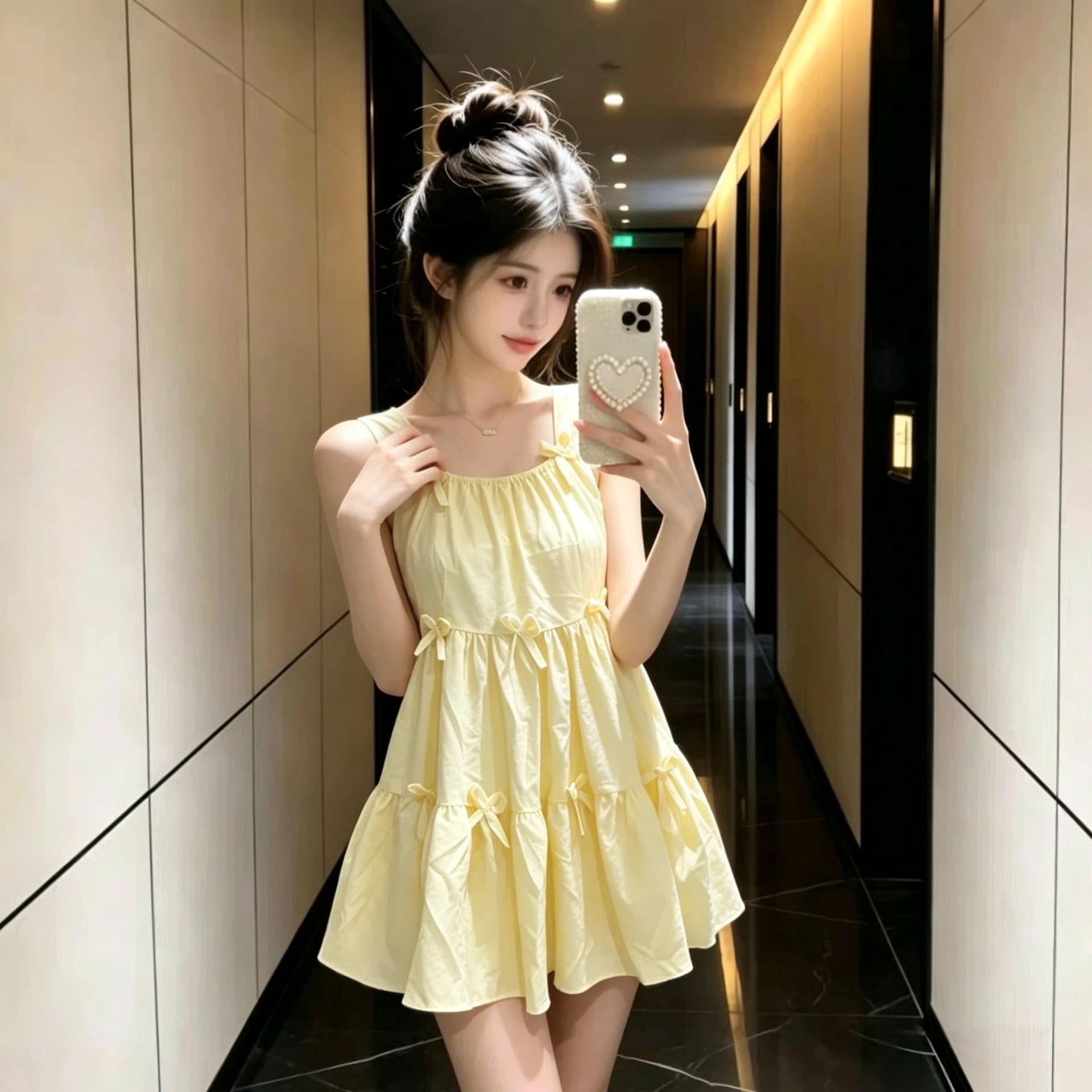 달콤함 나비 매듭 황색 조끼 슬립 여성 드레스 여름 2025 새로운 루즈핏 퍼프 미니 스커트 이미지 2