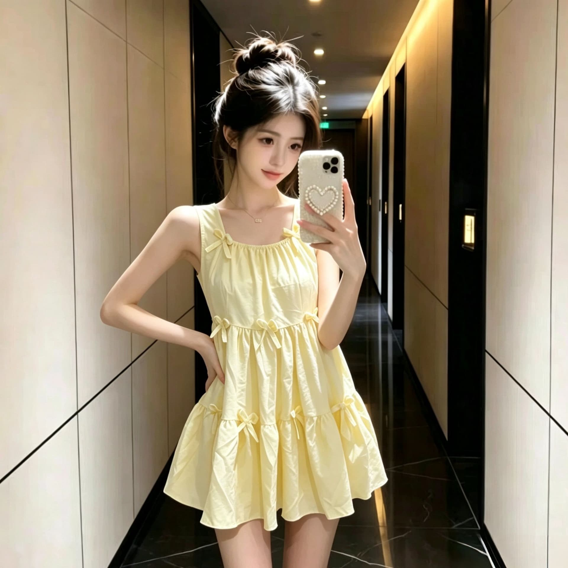 달콤함 나비 매듭 황색 조끼 슬립 여성 드레스 여름 2025 새로운 루즈핏 퍼프 미니 스커트 상세 이미지 1