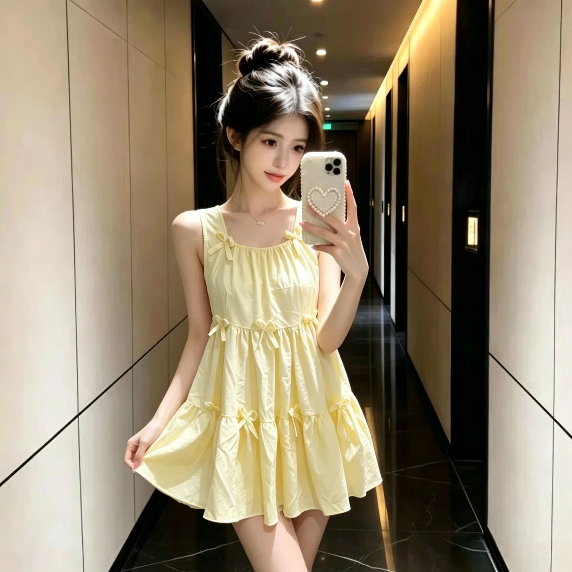 달콤함 나비 매듭 황색 조끼 슬립 여성 드레스 여름 2025 새로운 루즈핏 퍼프 미니 스커트 상세 이미지 7