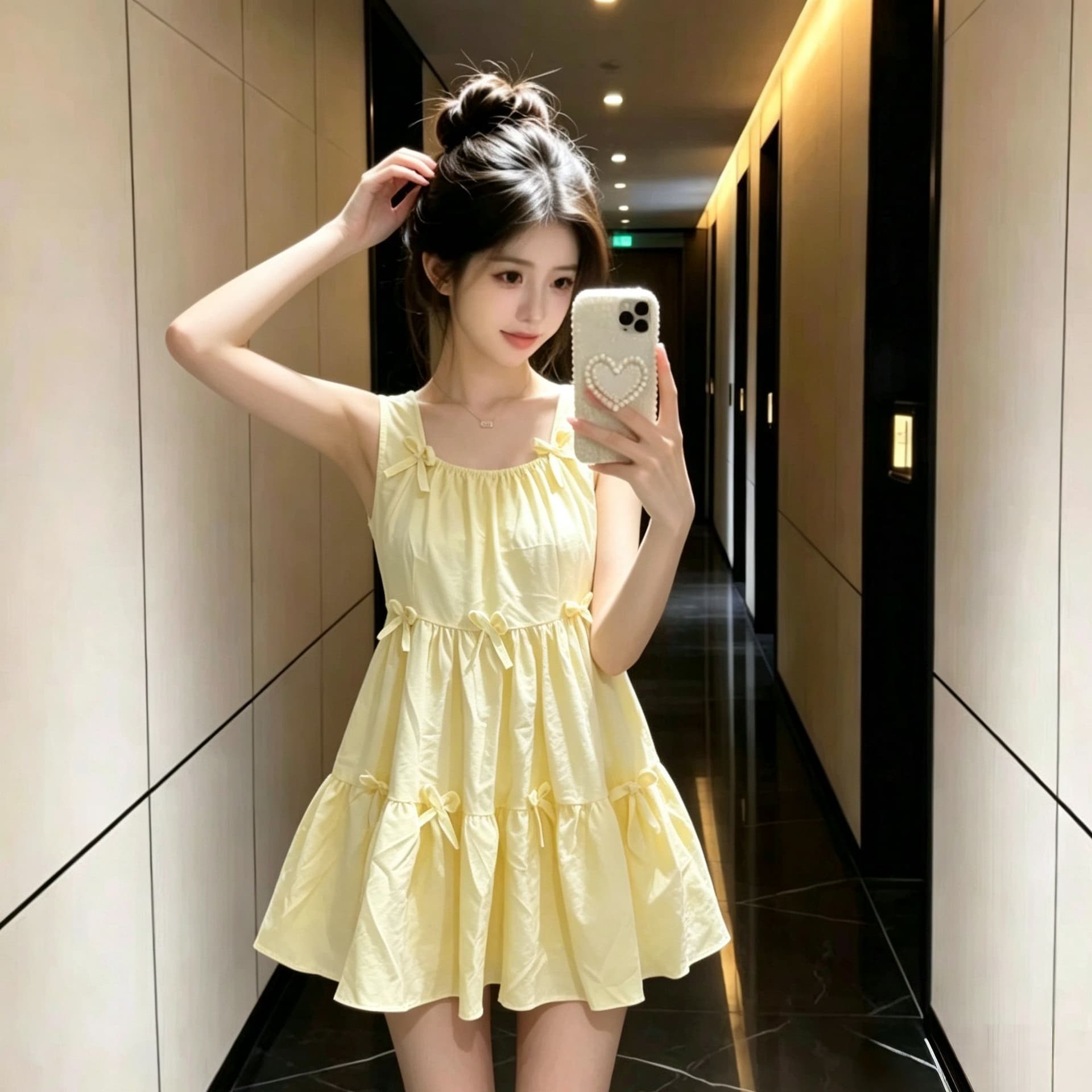 달콤함 나비 매듭 황색 조끼 슬립 여성 드레스 여름 2025 새로운 루즈핏 퍼프 미니 스커트 상세 이미지 9