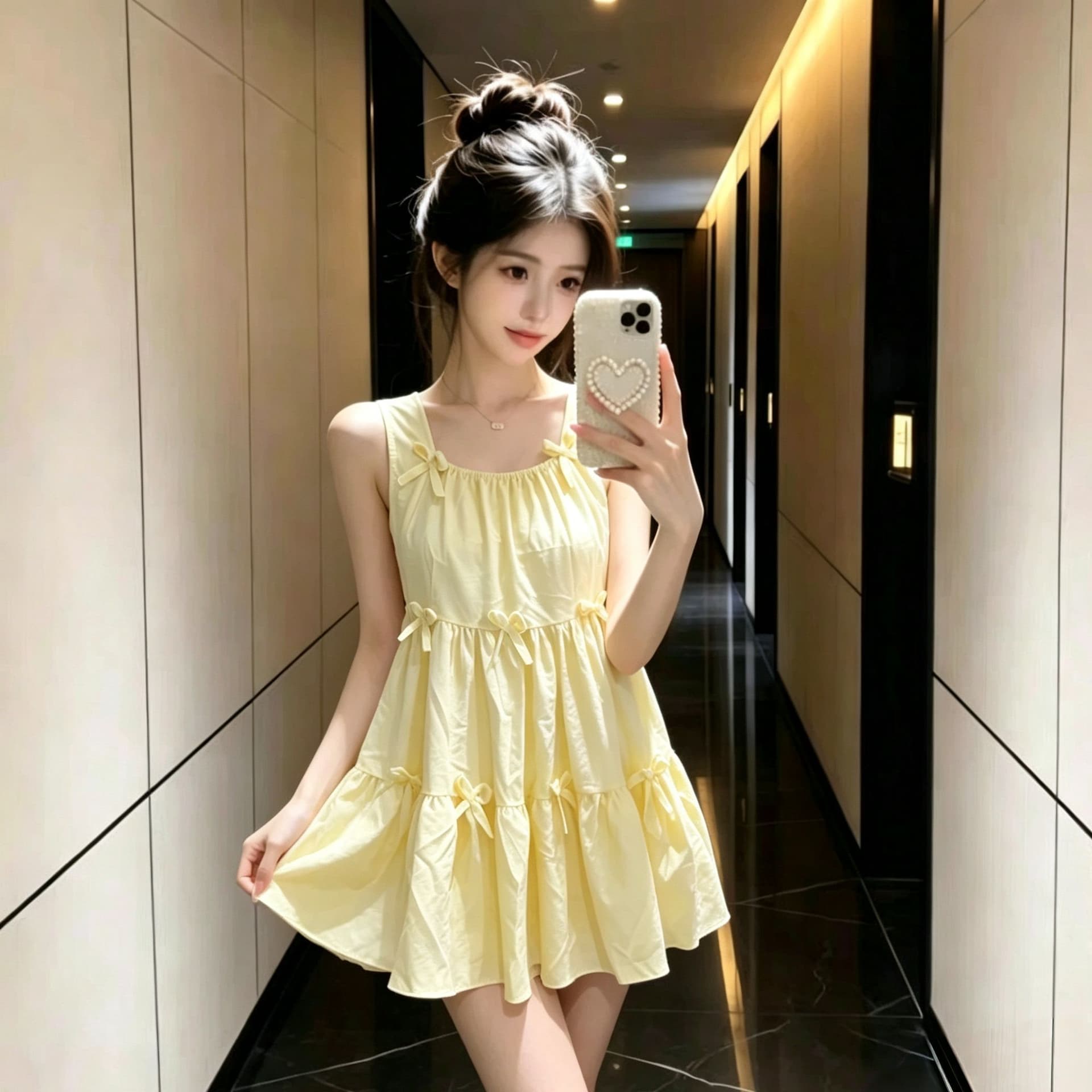 달콤함 나비 매듭 황색 조끼 슬립 여성 드레스 여름 2025 새로운 루즈핏 퍼프 미니 스커트 상세 이미지 13