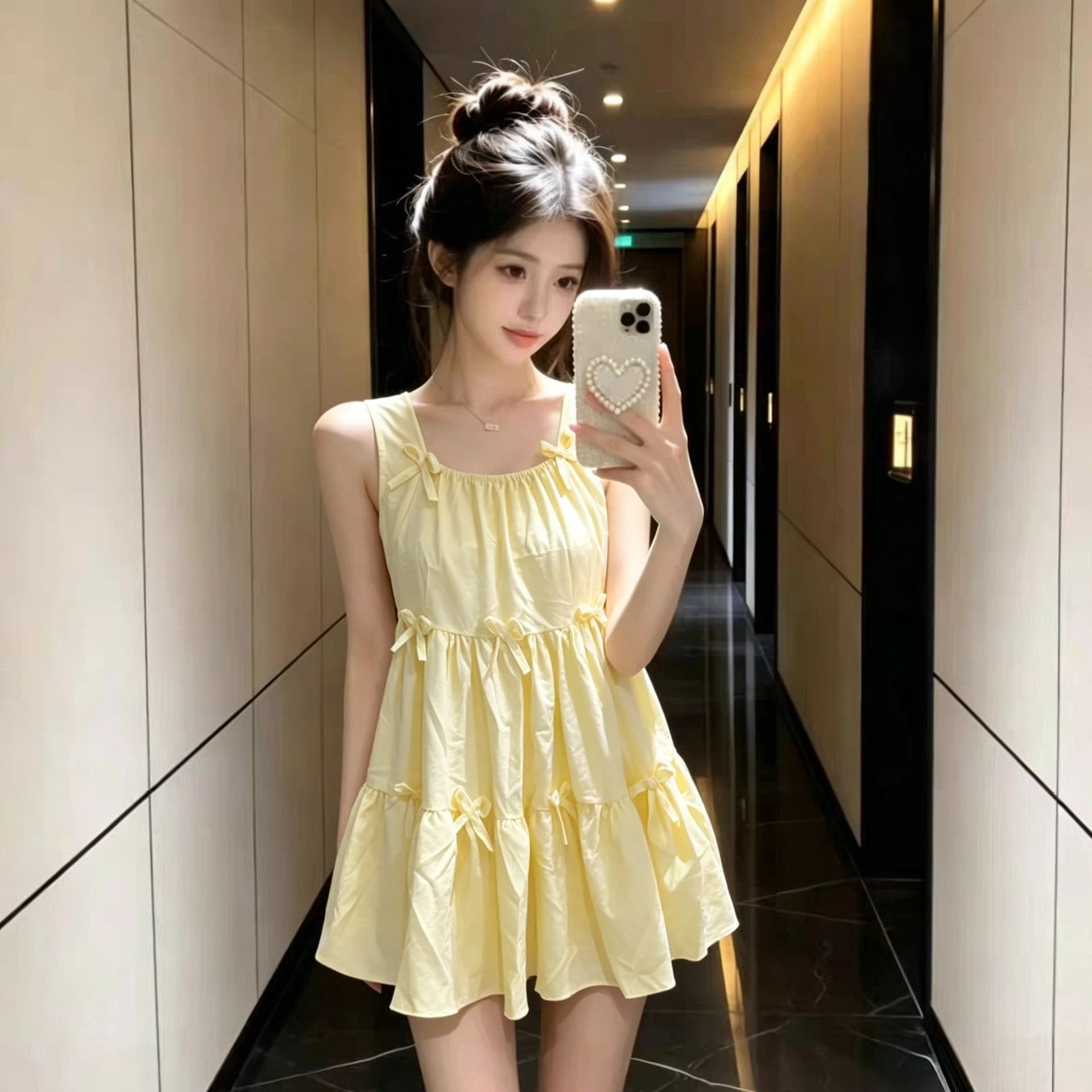 달콤함 나비 매듭 황색 조끼 슬립 여성 드레스 여름 2025 새로운 루즈핏 퍼프 미니 스커트 상세 이미지 15