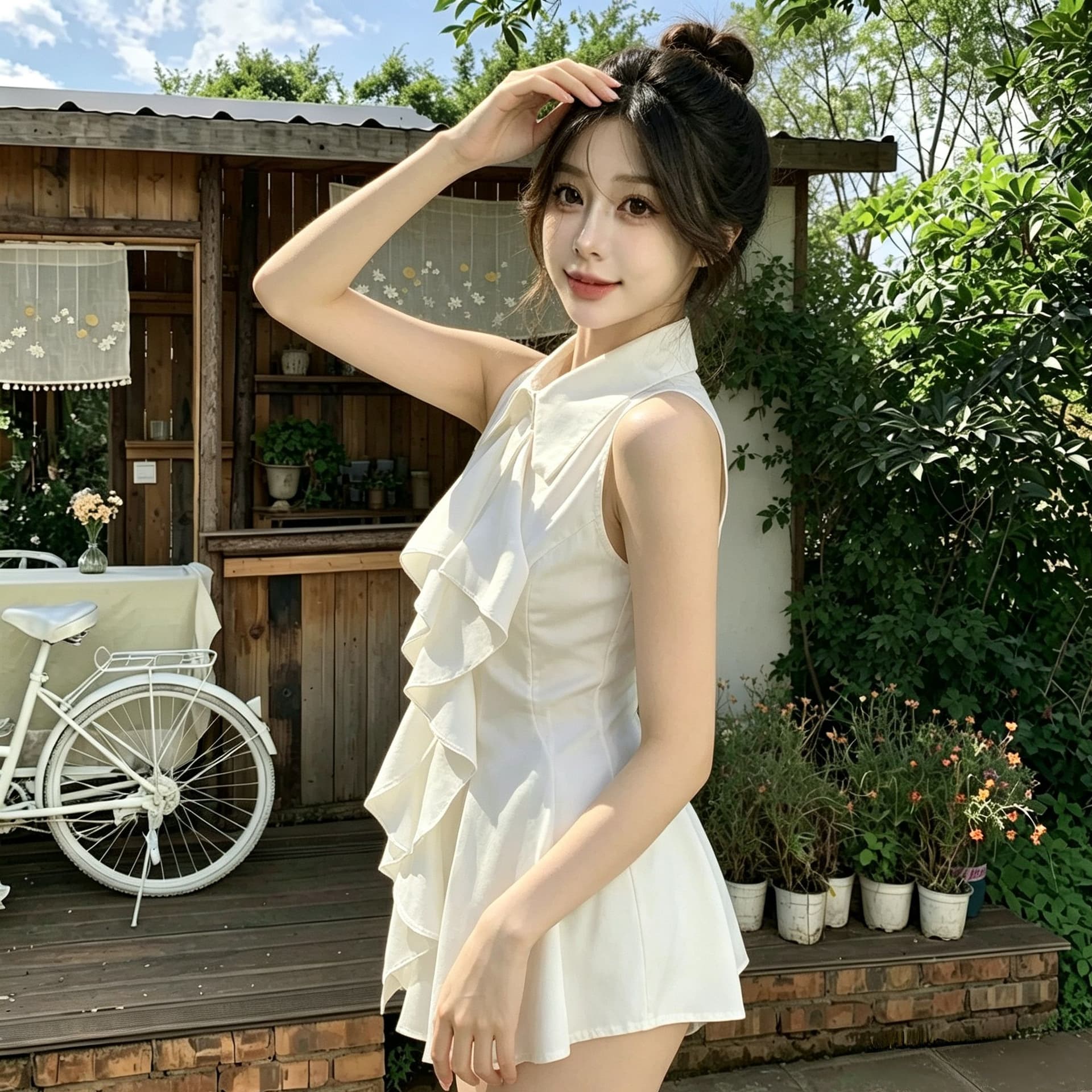 프릴 민소매 셔츠 맨위 여성 여름 프랑스식 품격 중간 길이 허리 수축 몸매 가꾸기 셔츠 상세 이미지 12