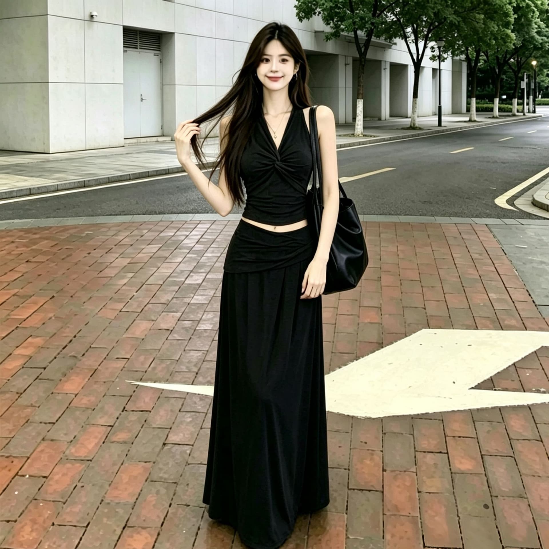 한 부서 순수한 욕망 핫걸 행침 목 V넥 비틀림 조끼 여성 슬림해 보이는 표지 넓적 다리 도루 센스 롱 코트 반신 스커트 투피스 세트 이미지 5