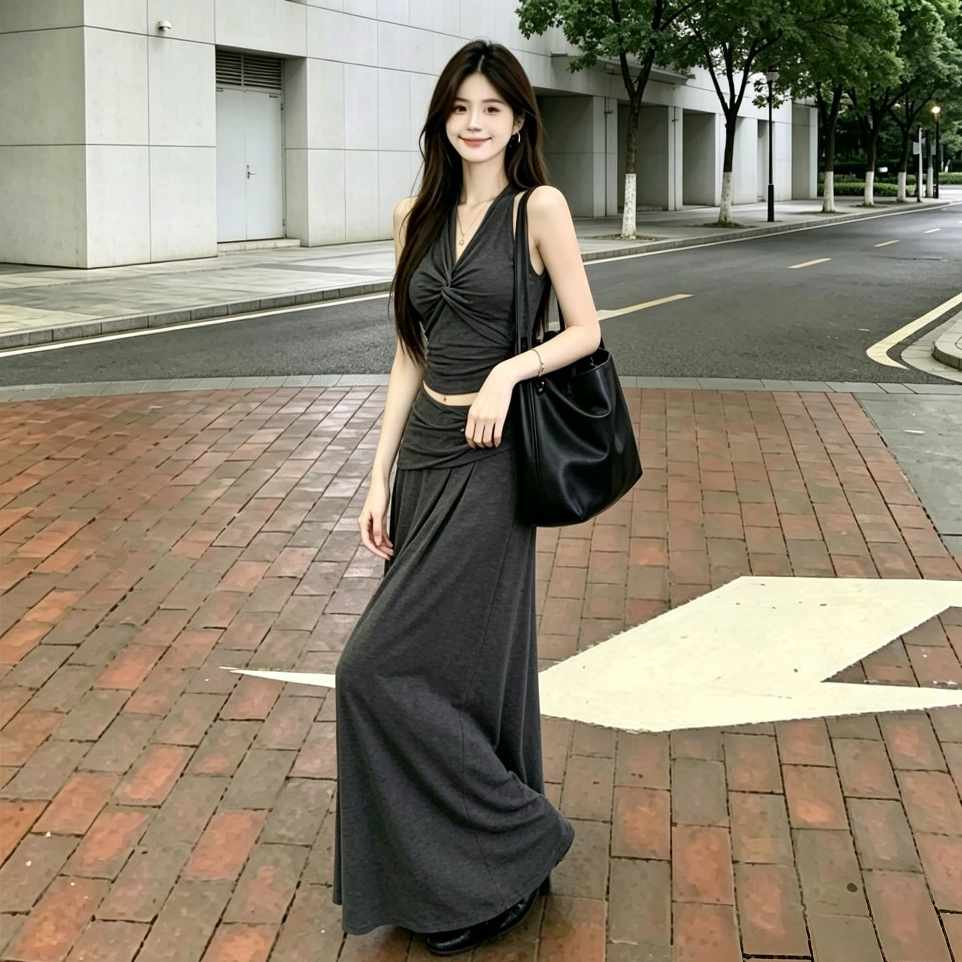 한 부서 순수한 욕망 핫걸 행침 목 V넥 비틀림 조끼 여성 슬림해 보이는 표지 넓적 다리 도루 센스 롱 코트 반신 스커트 투피스 세트 이미지 3