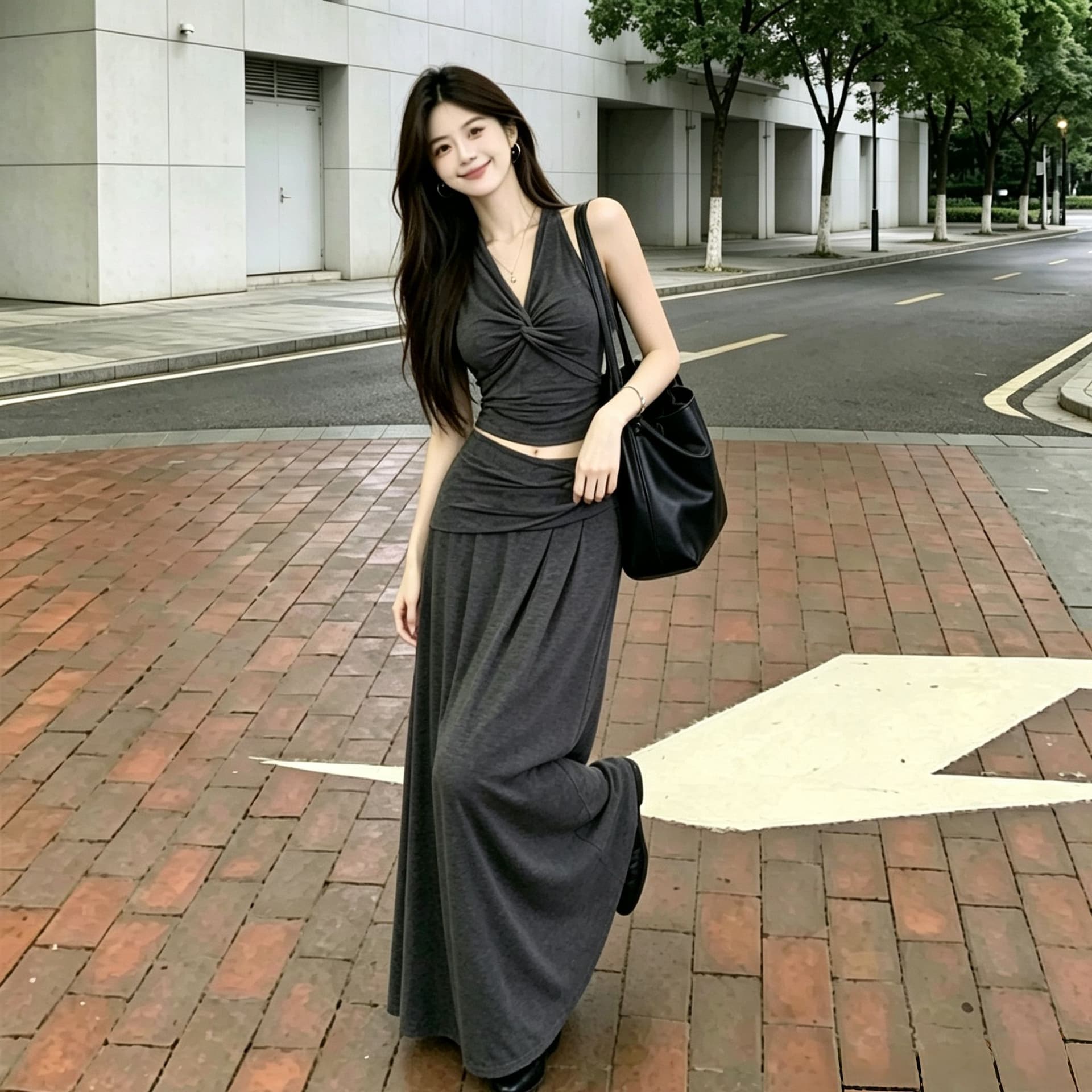한 부서 순수한 욕망 핫걸 행침 목 V넥 비틀림 조끼 여성 슬림해 보이는 표지 넓적 다리 도루 센스 롱 코트 반신 스커트 투피스 세트 상세 이미지 4
