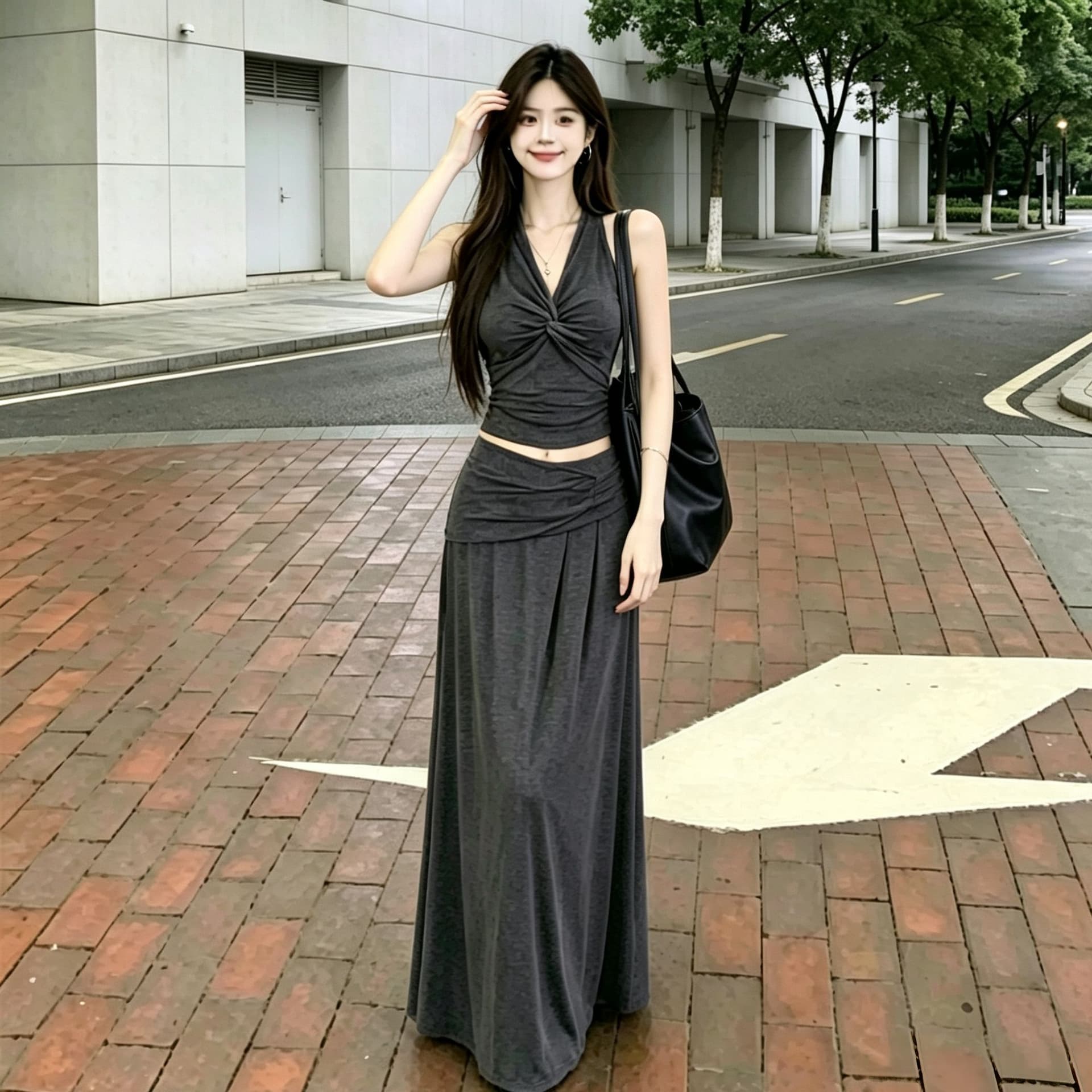 한 부서 순수한 욕망 핫걸 행침 목 V넥 비틀림 조끼 여성 슬림해 보이는 표지 넓적 다리 도루 센스 롱 코트 반신 스커트 투피스 세트 상세 이미지 6