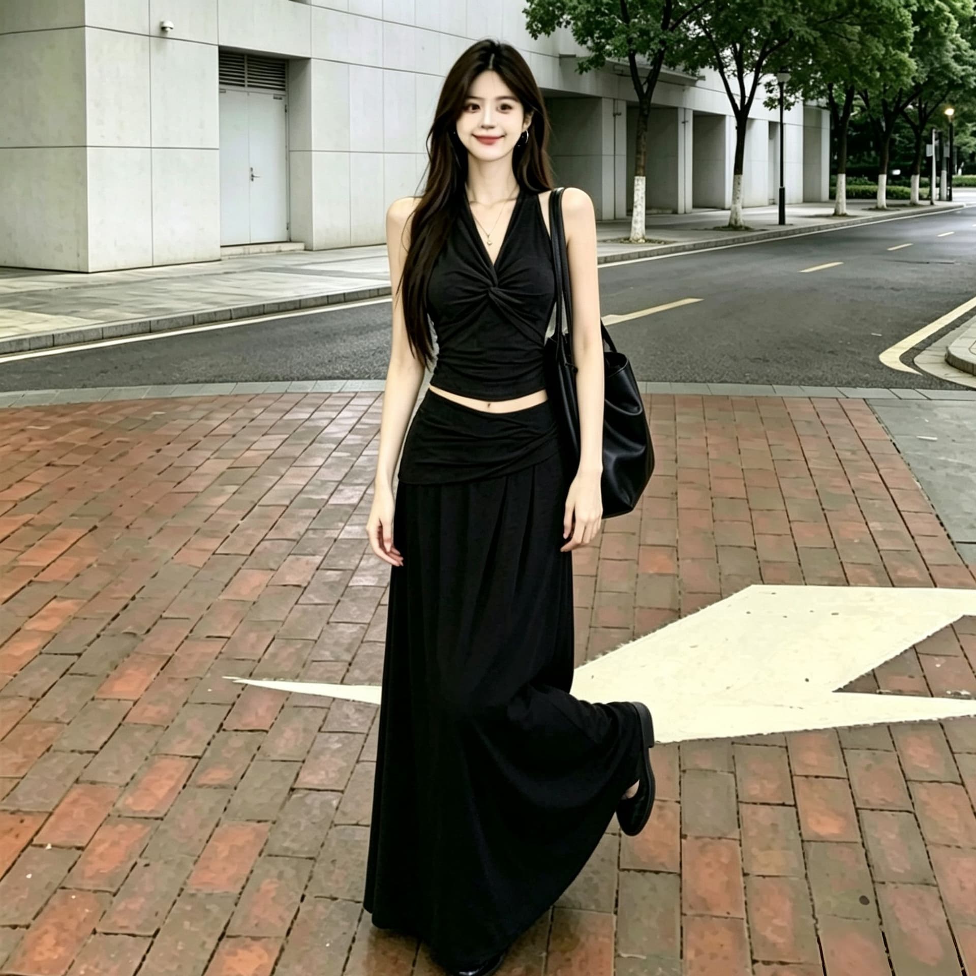 한 부서 순수한 욕망 핫걸 행침 목 V넥 비틀림 조끼 여성 슬림해 보이는 표지 넓적 다리 도루 센스 롱 코트 반신 스커트 투피스 세트 상세 이미지 7