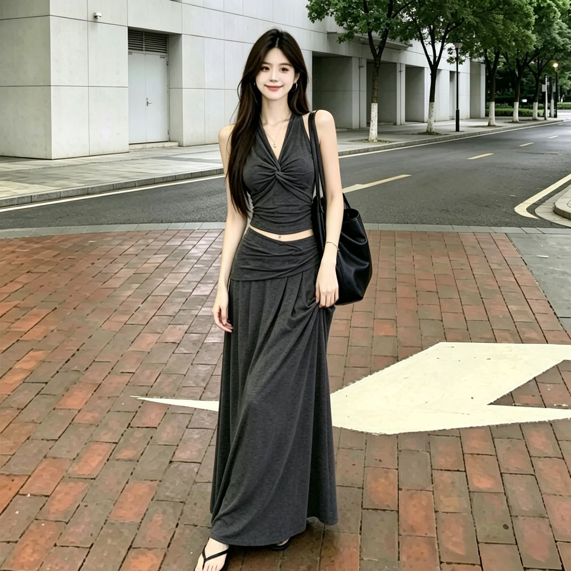 한 부서 순수한 욕망 핫걸 행침 목 V넥 비틀림 조끼 여성 슬림해 보이는 표지 넓적 다리 도루 센스 롱 코트 반신 스커트 투피스 세트 상세 이미지 8