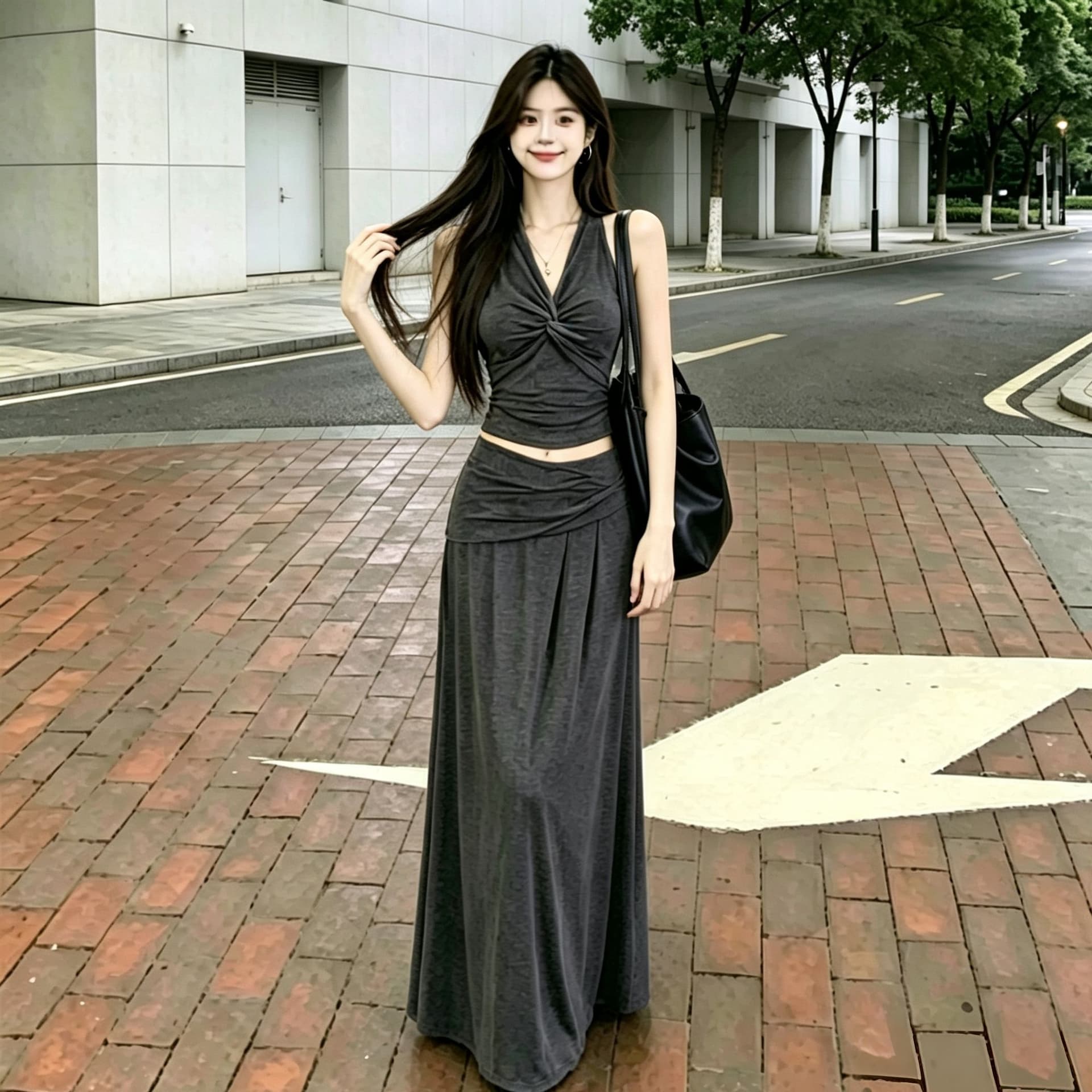 한 부서 순수한 욕망 핫걸 행침 목 V넥 비틀림 조끼 여성 슬림해 보이는 표지 넓적 다리 도루 센스 롱 코트 반신 스커트 투피스 세트 상세 이미지 11