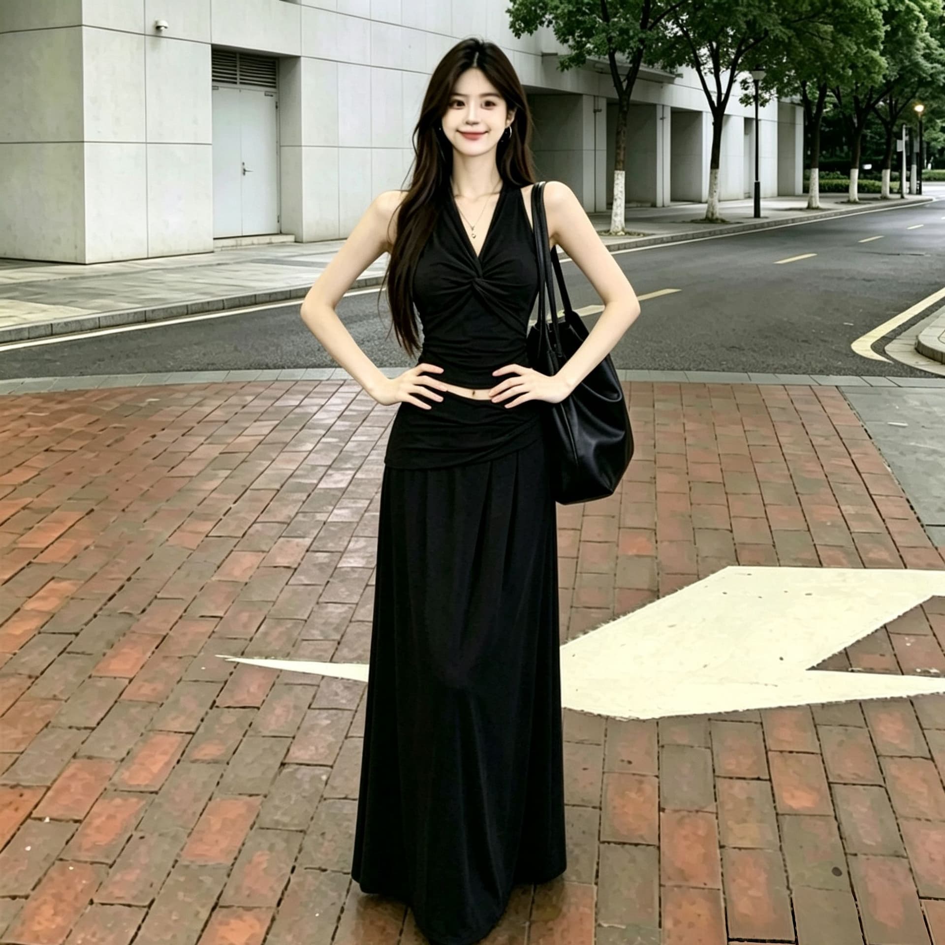 한 부서 순수한 욕망 핫걸 행침 목 V넥 비틀림 조끼 여성 슬림해 보이는 표지 넓적 다리 도루 센스 롱 코트 반신 스커트 투피스 세트 상세 이미지 12