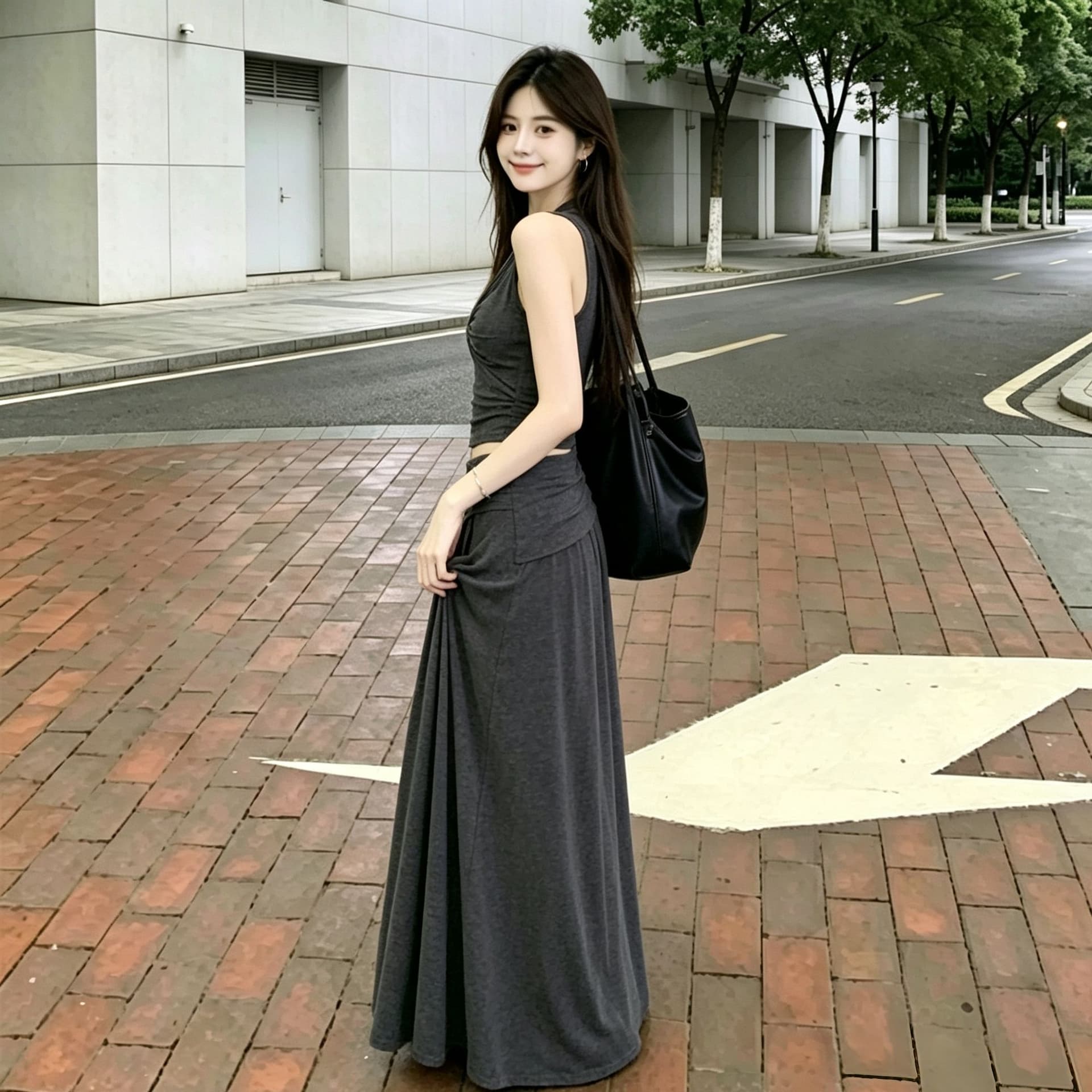 한 부서 순수한 욕망 핫걸 행침 목 V넥 비틀림 조끼 여성 슬림해 보이는 표지 넓적 다리 도루 센스 롱 코트 반신 스커트 투피스 세트 상세 이미지 15